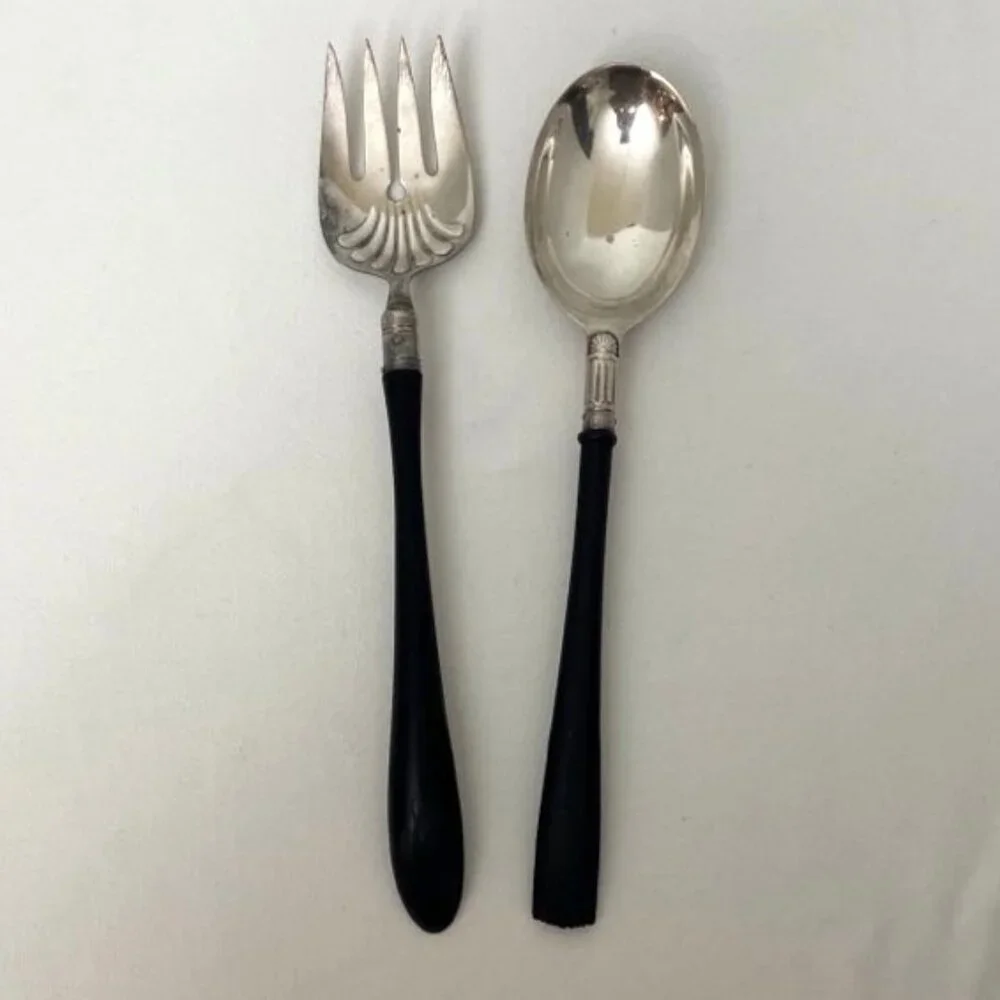 Vtg Gorham Electroplate Salad Serving Spoon & Similar‎ Style Fork Black Handle